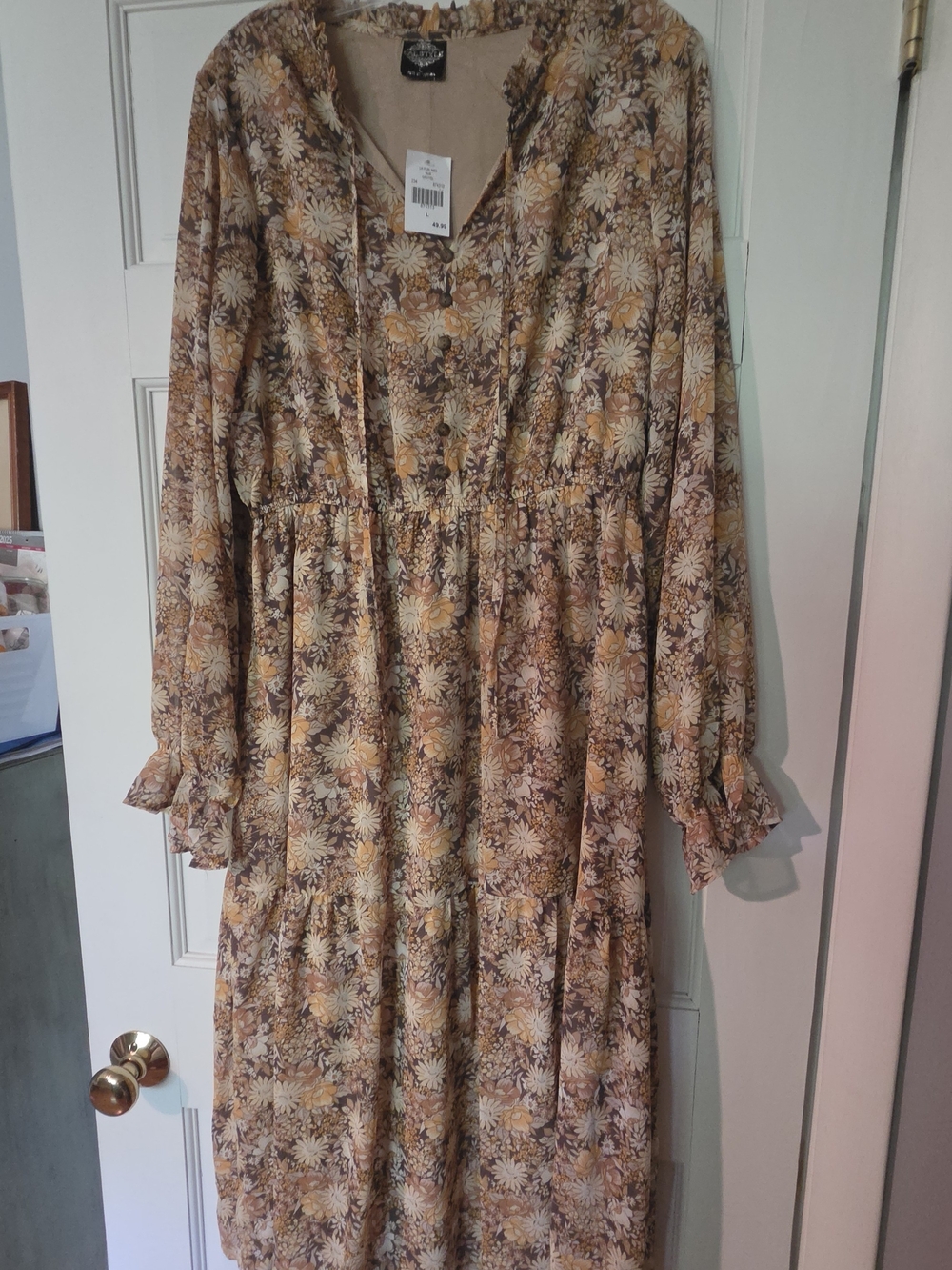 Boho Floral Tiered Long-Sleeve Dress in Yellow, Brown